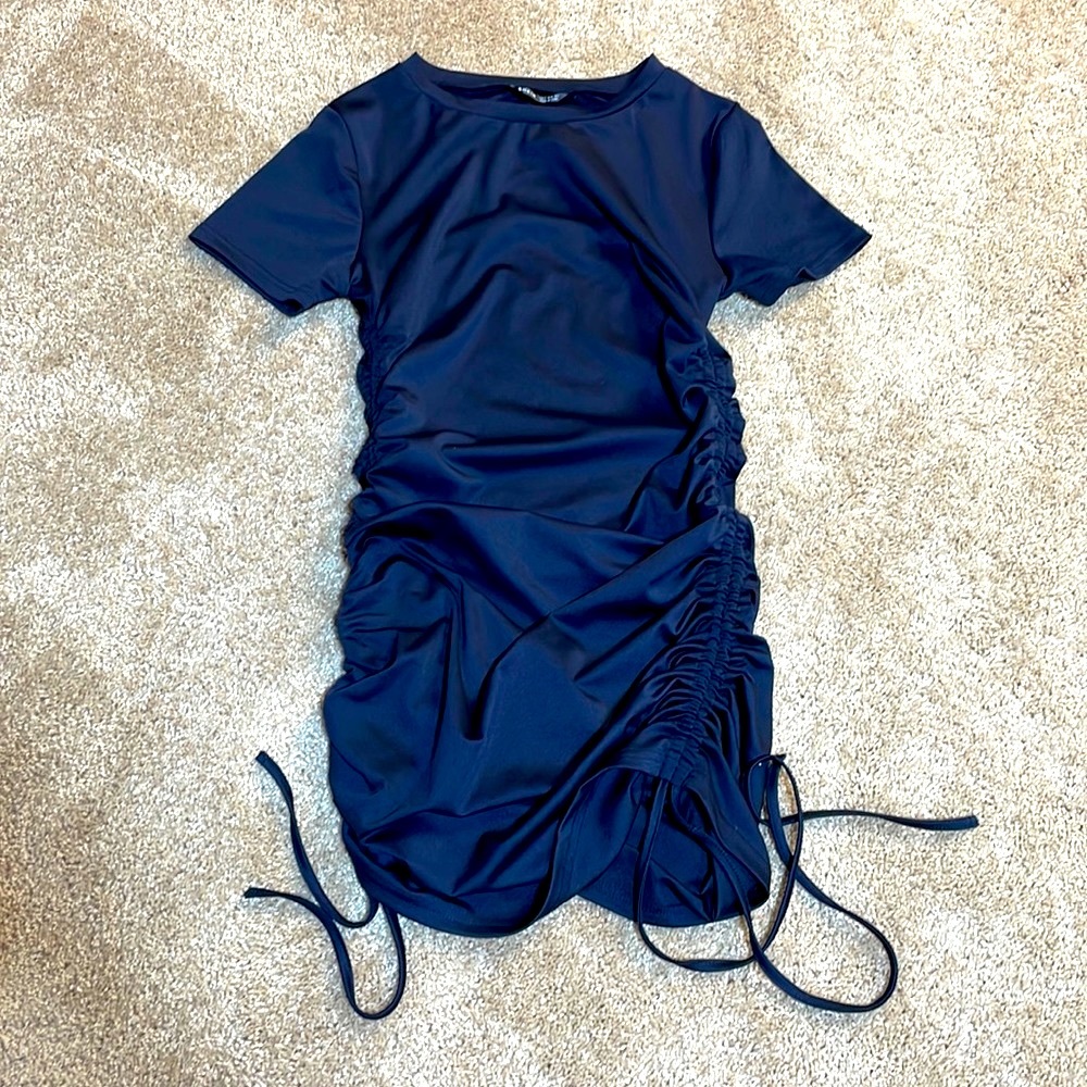 S Navy blue SHEIN tunic short sleeve scrunch sides dress t shirt style long NEW